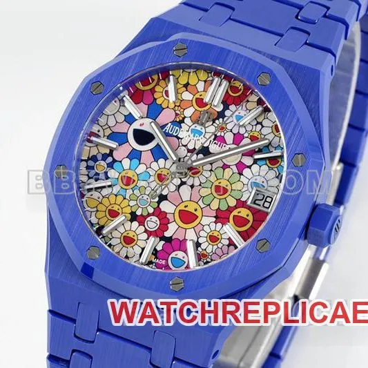 Audemars Piguet collectible watch APS factory Royal Oak flower pattern dial blue ceramicsteel bracelet model 15500side live photo