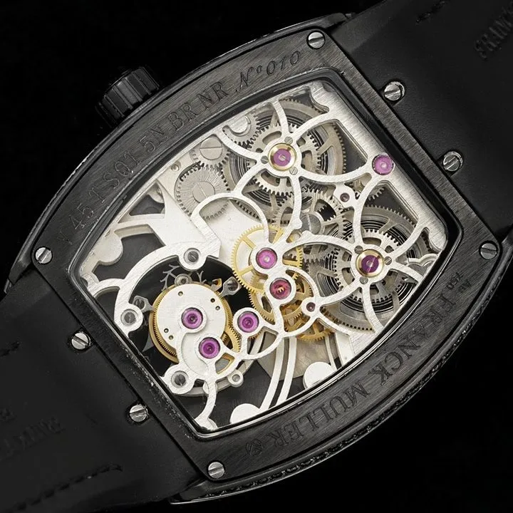 RMS factory Frank Muller men's watch black dial diamond tourbillonleather strap model V45front live photo