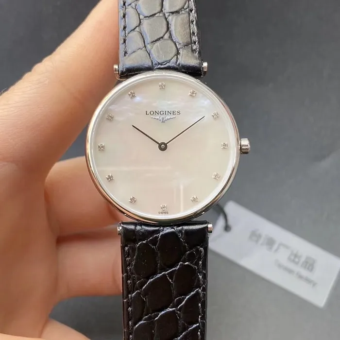 top-tier watch Longines couple watch white dial black belt Jialan series quartzleather strap watch front view