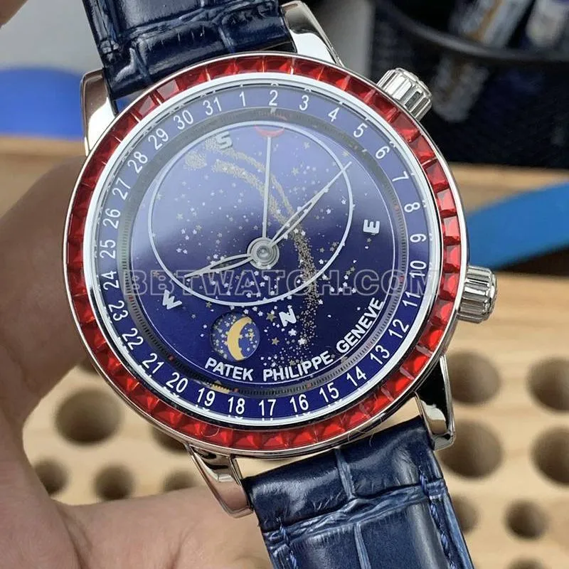 Patek Philippe collectible watch 3K Factory super complication timepiece blue dial red diamond bezelleather strap caseback live photo