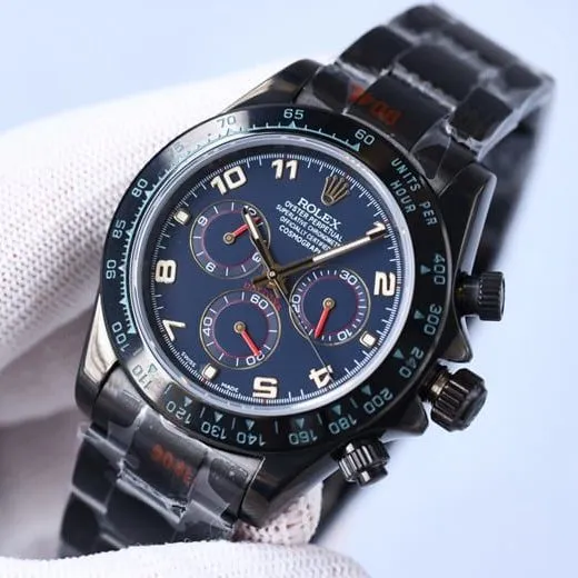 top-tier replicaRolex men's watch men's blue dial black belt multifunctional mechanical front view