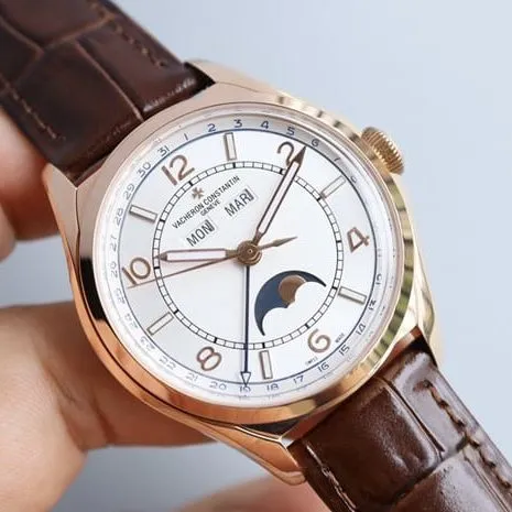 top-tier replicaVacheron Constantinhigh-quality men's white dial brown belt full date display series automatic movementleather strap watch front view