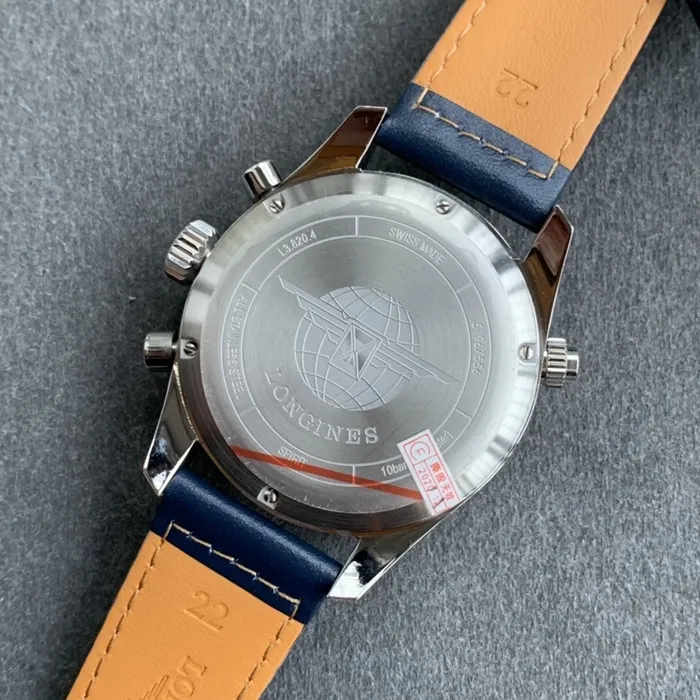 top-tier watch Longines men's blue dial pioneer series leather strap watch side view