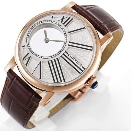 top-tier watch Cartier men's white dial brown belt fully automatic movementleather strap watch front view