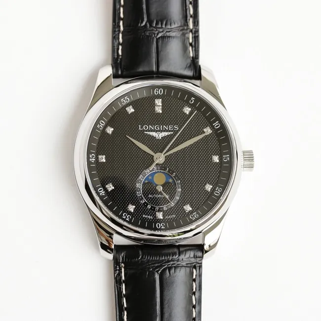 GF Factory top-tier watch Longinesmoon phase 42mm men's black dial black belt automatic movementleather strap watch front view