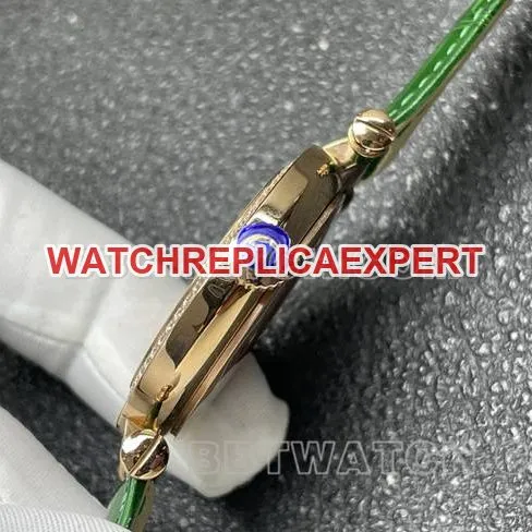 Franck Muller quartz collectible watch ABF factory diamond disc gold diamond bezel green leather braceletfront live photo
