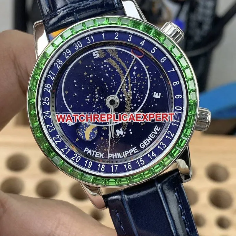 Patek Philippe1:1replica watch 3K Factory super complication timepiece blue dial green diamond bezelleather strap caseback live photo