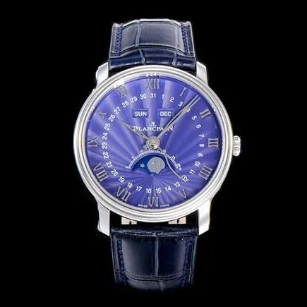 OM Factorytop-tier watch Blancpain automatic movement men's blue dial blue belt villeret classic leather strap watch front view