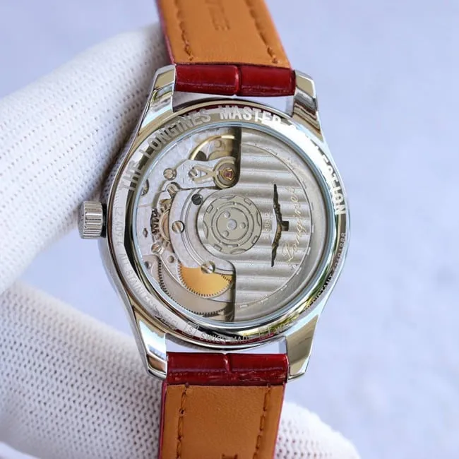 Longinestop-tier watch ladies white dial red strap famous craftsman series fully automatic movementleather strap front view