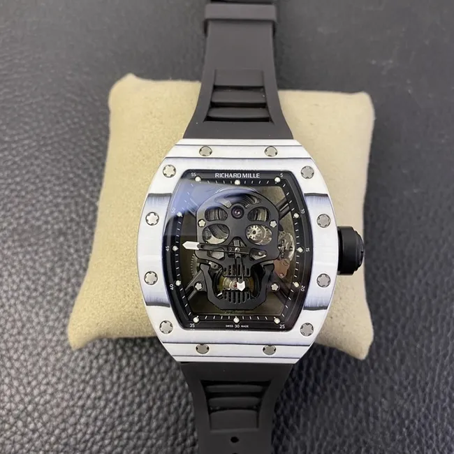 JB factory top-tier watch Richard Mille skull real tourbillon automatic movement men's black dialrubber strap watch front view
