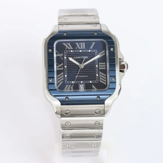 Cartierblue dial new GF Santos rubber strap men's watch front view