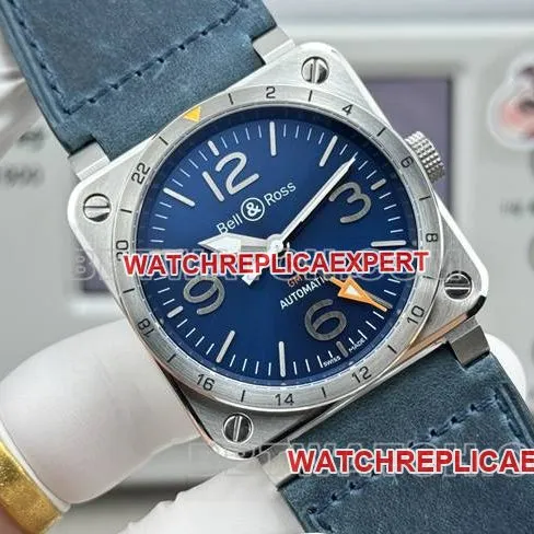 top-tier watch Bellis blue dial 42mm dual time zone leather strap model front live photo