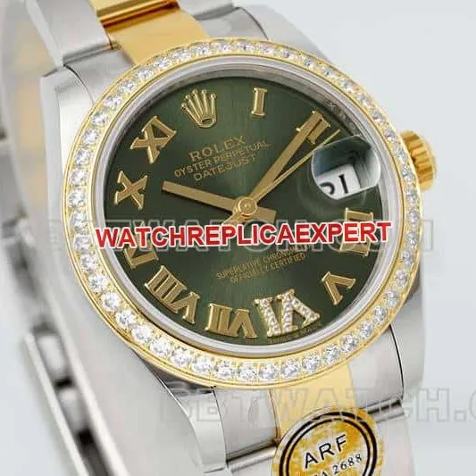 ARF FactoryRolex log 1:1super clonegreen dialdiamond bezel31mm gold three grid link 278383front live photo