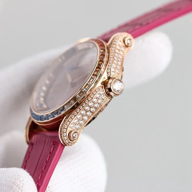 top-tier replicaChopardsuper clonechopard Happy Sport series ladies pink plate pink belt automatic movementleather strap watch side view