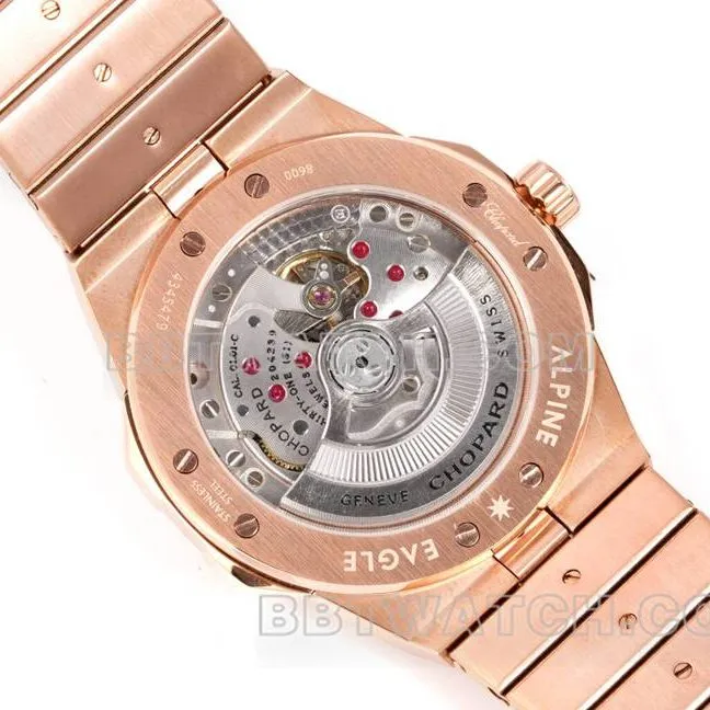 Real-life photos of the front of the GH Factory Chopard "Snow Mountain Soaring Wings" 41mm watch with a diamond-set dial, diamond-set bezel, and rose gold and steel bracelet