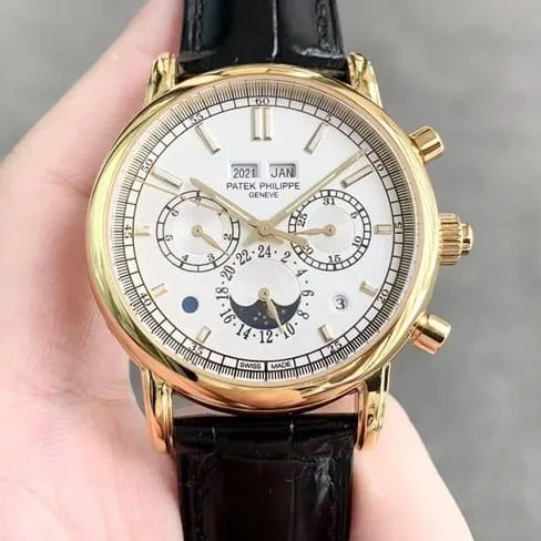 Top Patek Philippe imitation men's white dial black strap ultra-complicated chronograph series fully automatic mechanical watch front view