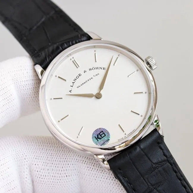 top-tier Lange SAXONIA series two-hand silver steel case front view
