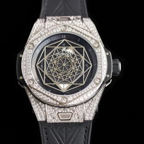 top-tier watch Hublot series tattoo OEM1:1 open mold white steel black dial full diamond men's mechanical watch front view