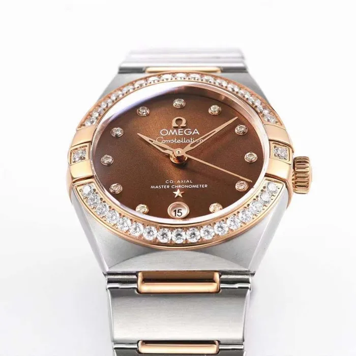 top-tier watch Omega women's brown plate constellation series steel bracelet watch front view