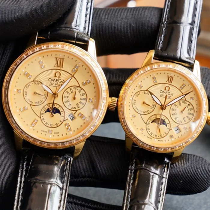 Omega complex function chronograph series perpetual calendar couple watch front view
