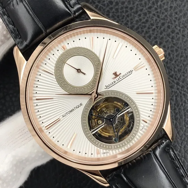 top-tier watch Jaeger-LeCoultre men's white dial black belt automatic movement tourbillon master series watch front view
