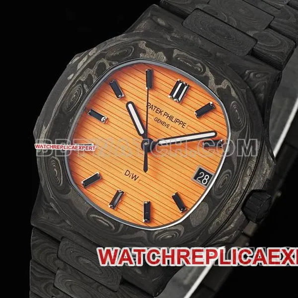 Patek Philippetop-tier watch DIW factory Nautilus orange plate carbon fiber mechanical steel bracelet model 5711front live photo
