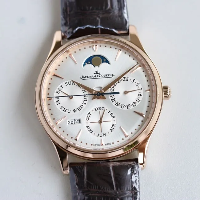 TW factory Jaeger-LeCoultremoon phase watch three major complex functions master series fully automatic movement men's white dial brown belt watch top-tier replicaleather strap front view