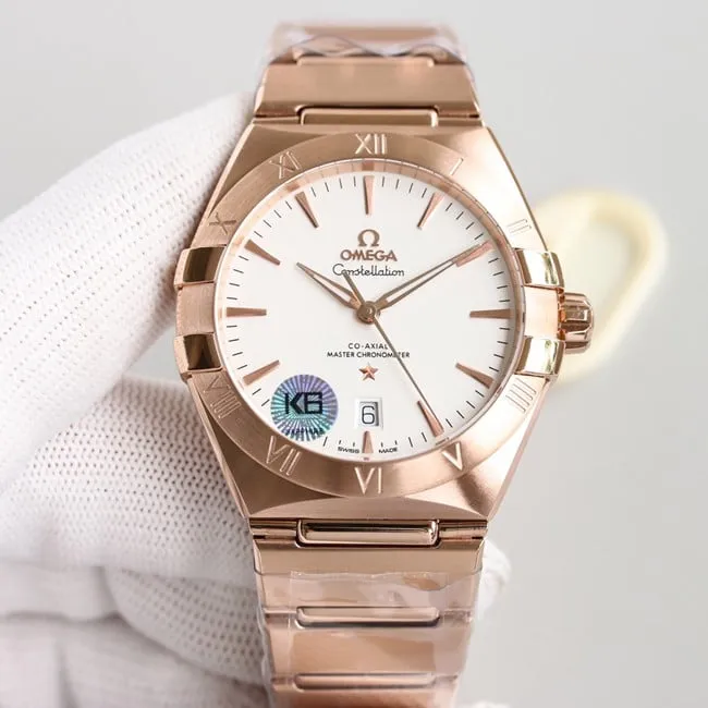 top-tier replicaOmega fifth generation constellation series white dialrose gold silver steel bracelet men's watch side view