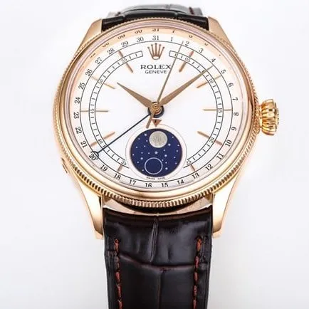 TWF factory Rolextop-tier watch men's white dial brown belt Cellini series 50535 moon phase watch front view