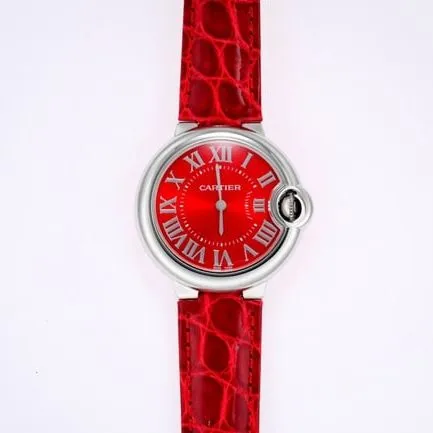top-tier replicaCartier women's red plate red band blue balloon series quartzleather strap watch front view