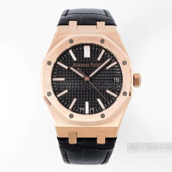 APS factory Audemars PiguetRoyal Oak1:1super cloneblack dialrose goldleather strap model 15510OR.OO.D002CR.02front live photo