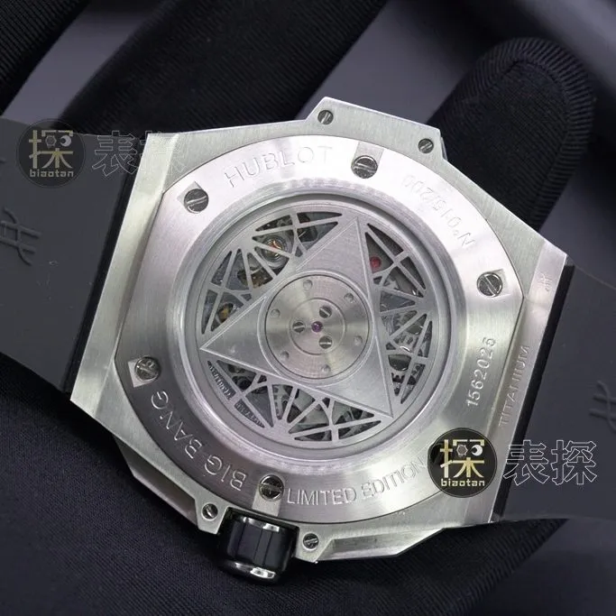 HB factory tattoo second generation Hublot1:1replica watch full diamond chronographblack dial white rubber bracelet front view