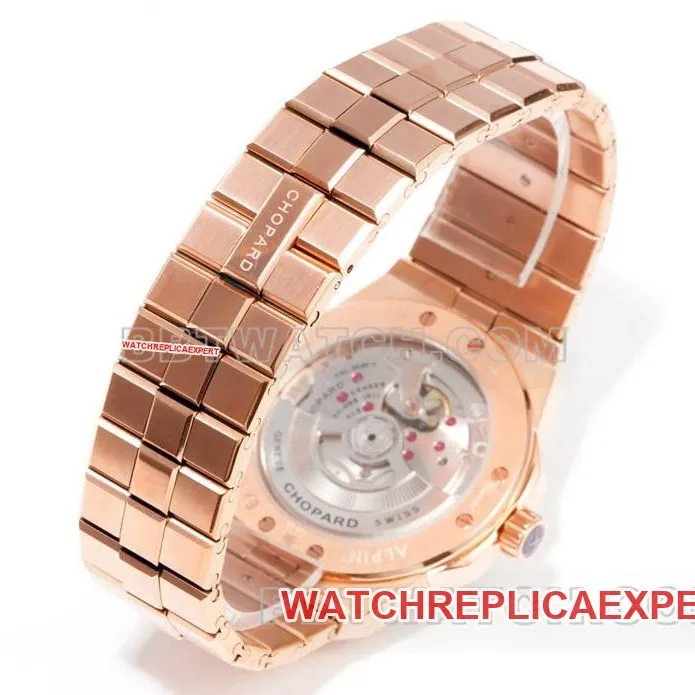Real-life photos of the front of the GH Factory Chopard "Snow Mountain Soaring Wings" 41mm watch with a diamond-set dial, diamond-set bezel, and rose gold and steel bracelet