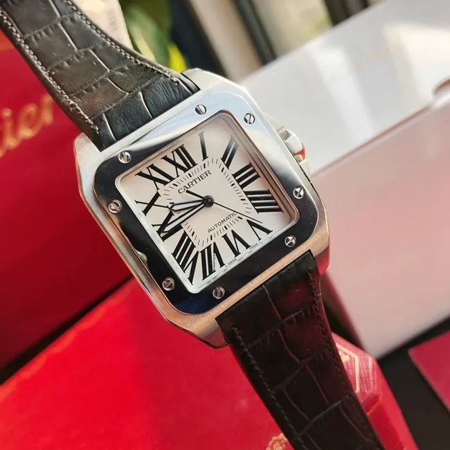 top-tier watch Cartier men's white dial black belt fully automatic movementleather strap watch front view