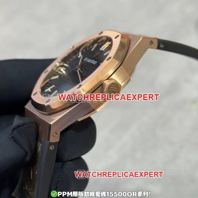 PPM factory top Audemars Piguet Royal Oak stainless steel black dial rose gold rubber strap 15500 real product photo from the front