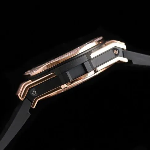 top-tier watch Hublot series tattoo OEM1:1 open mold rose goldblack dial ring diamond men's mechanical watch front view