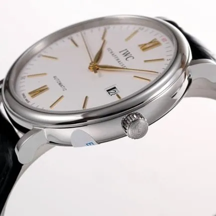 V7 factory IWC top-tier replicahigh-quality watch men's white dial black belt wave Fino series disc automatic movementleather strap watch detail shots