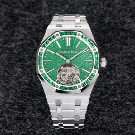 Front view of big factory high-quality replicaR8 factory 2022 Audemars Piguetgreen dialRoyal Oak self-winding tourbillon watch