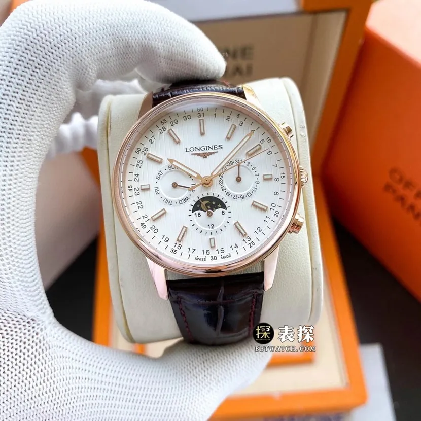 Longines retro top-tier watch men's white dial multi-function six-pin moon phaseleather strap model pictures and prices braceletlive photos