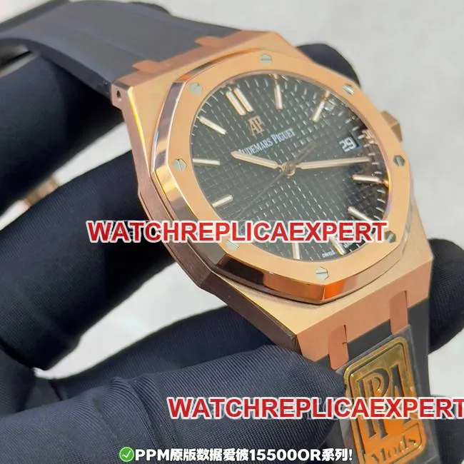 PPM factory top Audemars Piguet Royal Oak stainless steel black dial rose gold rubber strap 15500 real product photo from the front
