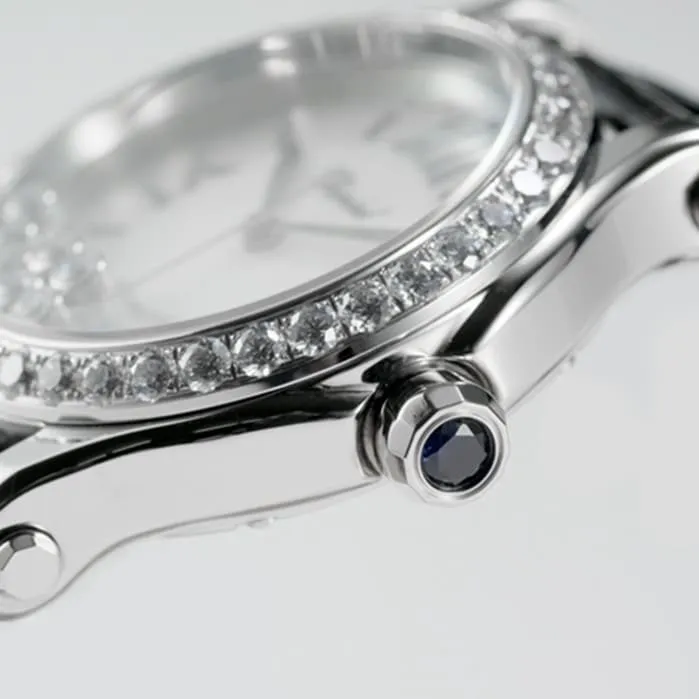top-tier watch Chopard women's white dial black belt Happy Diamonds series watch front view