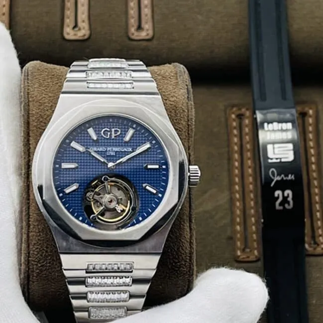 Top-tier watch Girard-Perregaux men's blue dialsteel bracelet Laurel series genuine tourbillon mechanical watch movement picture