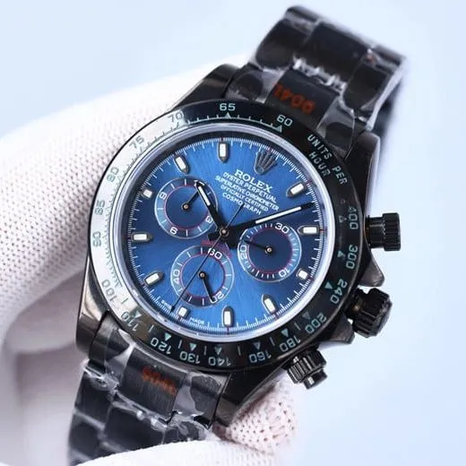 Rolextop-tier automatic multifunctional carbon black Di men's blue dialsteel bracelet mechanical watch front view