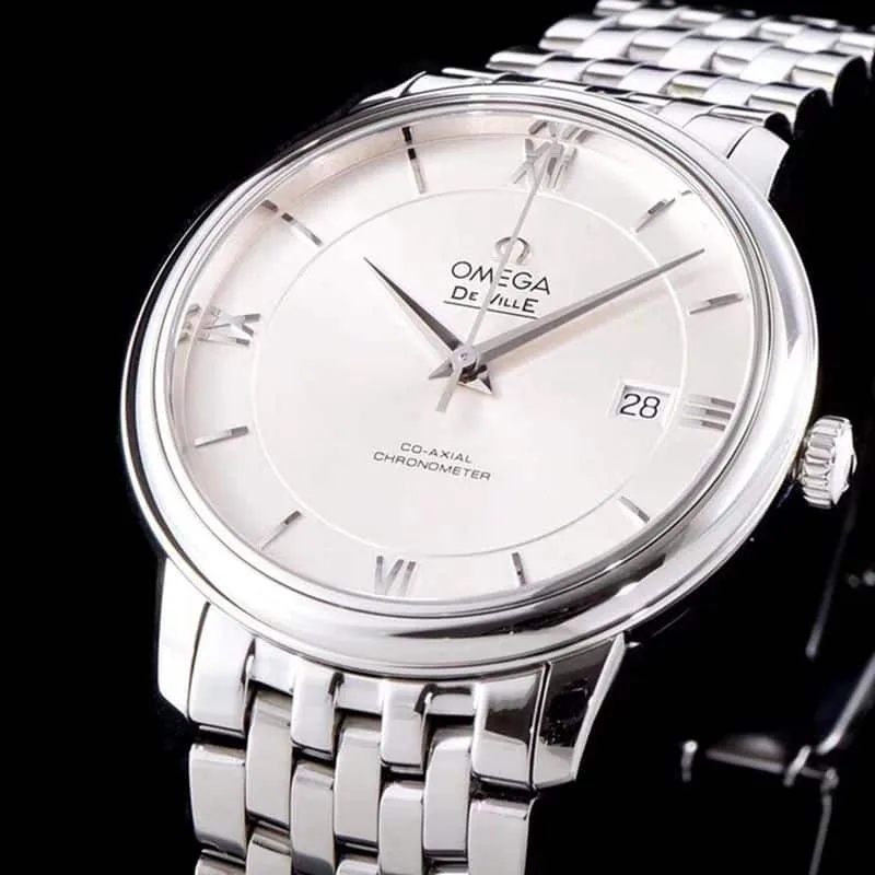 high-quality replicaOmega watch De Ville series men's mechanical ultra-thin watch white steel white face front view
