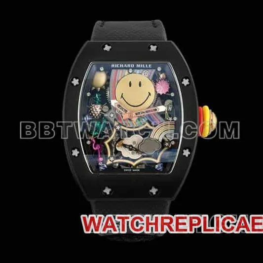 Richard Mille men's top-tier 1:1high-quality smiley tourbillon black shell black leather strap model RM 88front live photo