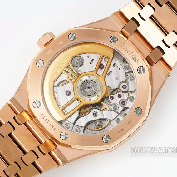 APS factory Audemars PiguetRoyal Oaksuper cloneblack dialrose goldsteel bracelet model 15510OR.OO.1320OR.04front live photo