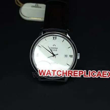 MKS Factorytop-tier replicaOmega De Ville series classic business casual men's white dialblack dial fully automatic movementleather strap watch side view