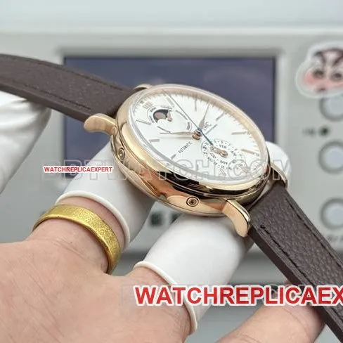 collectible watch Portofino GR factory IWCrose goldwhite dial brown leather strap model front live photo