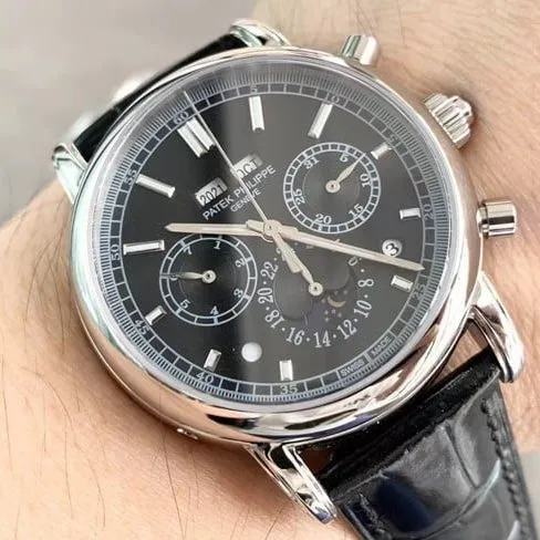 Patek Philippetop-tier men's black dial black belt full automatic movement super complex function chronograph series watch detail shots