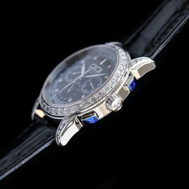 PFF factory top-tier watch Patek Philippe men's black dial black belt super complex function chronograph series leather strap watch front view